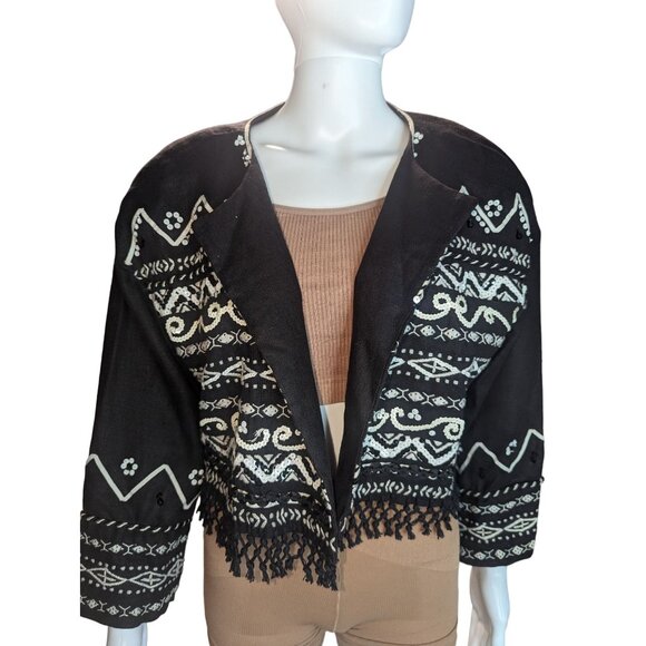 Vintage DKNY Boho Festival Boxy Cropped Beaded & Fringe Jacket 100% Linen Sz M - Picture 3 of 13